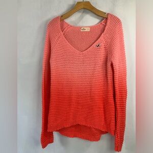 Hollister Open Knit V Neck Long Sleeve Sweater Coral Pink Ombre Oversized Size S